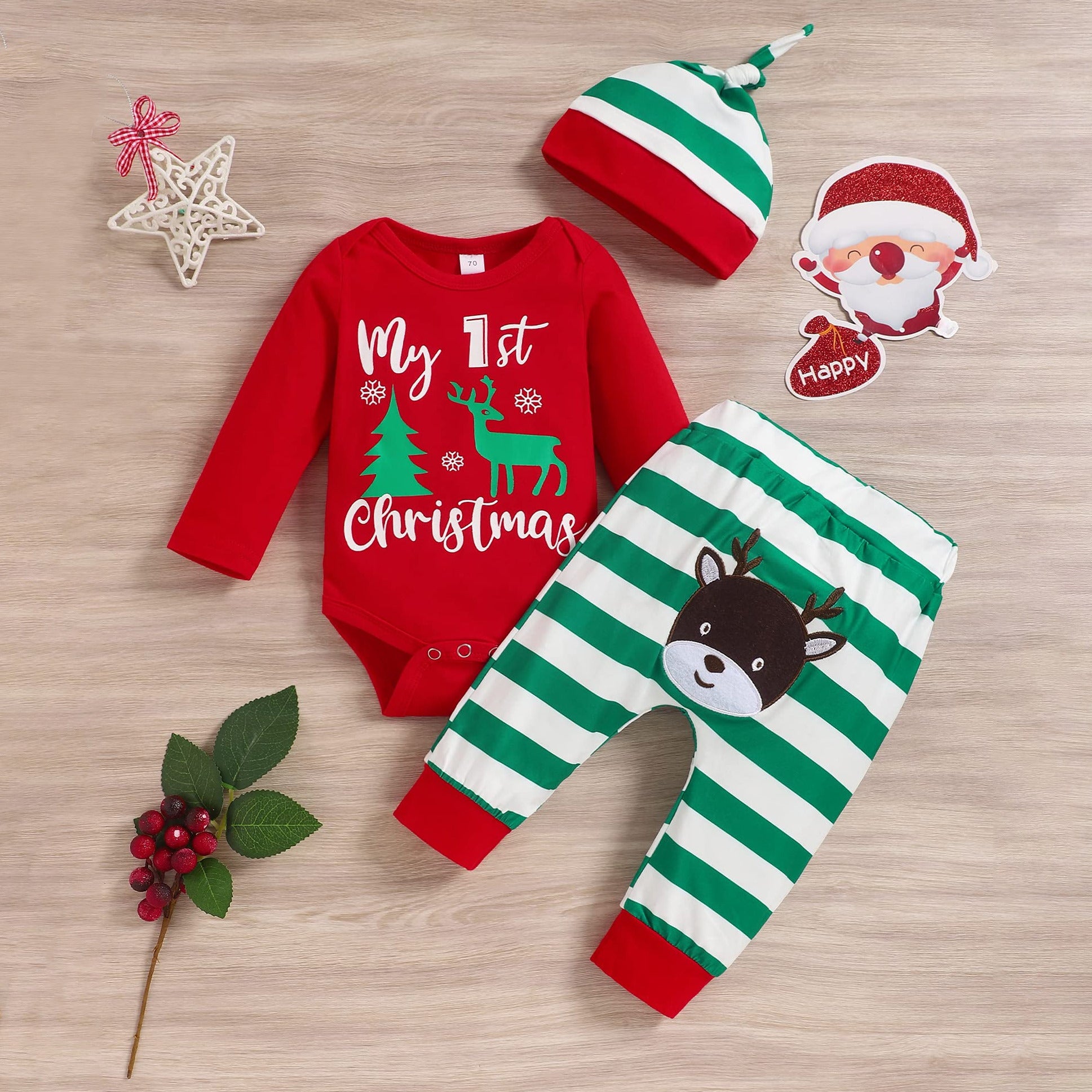 3PCS My 1st Christmas Letter Elk Printed Baby Set