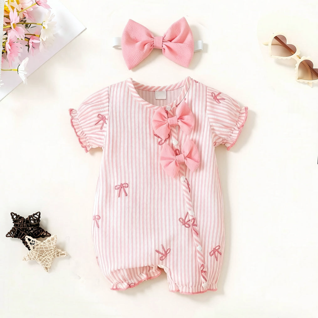 2PCS Elegant Bow Stripe Print Short Sleeve Baby Jumpsuit