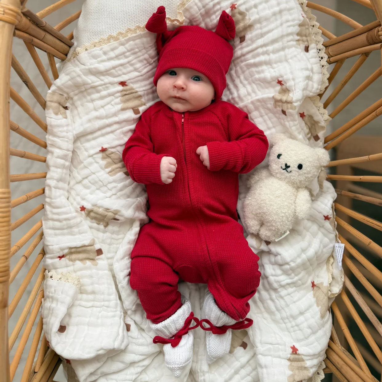 2PCS Christmas Solid Color Long Sleeve Zipper Baby Jumpsuit