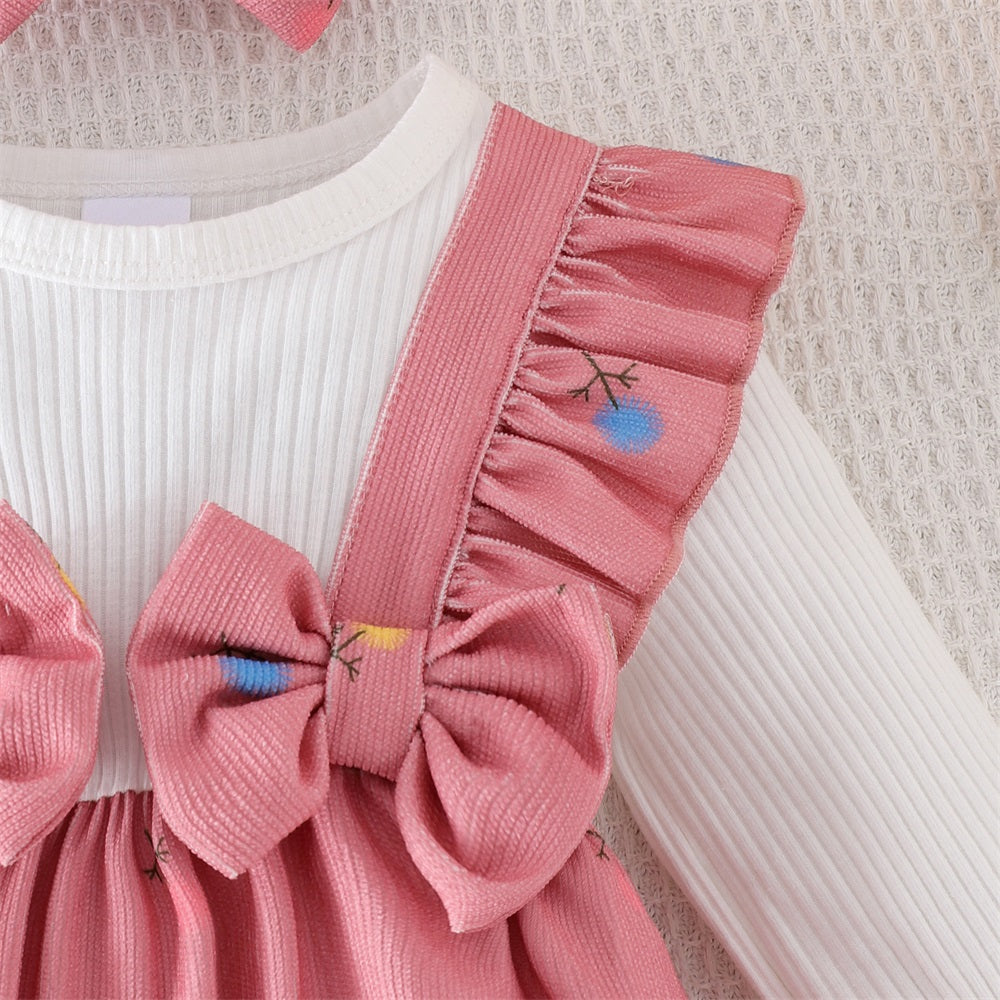 2PCS Cute Dandelion Print Bow Long Sleeve Baby Jumpsuit