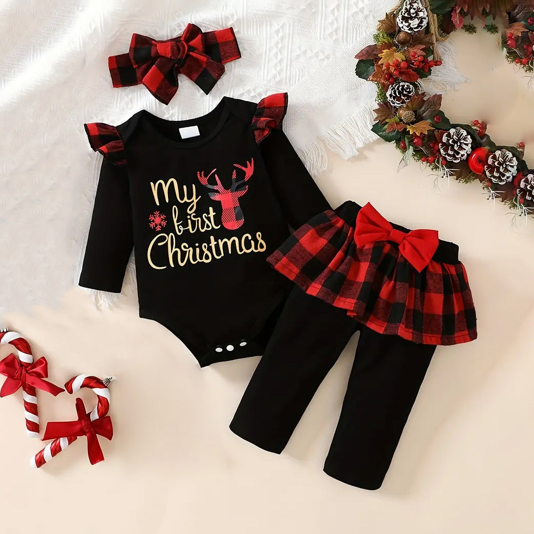 3PCS My First Christmas Fawn Print Ruffle Long Sleeve Baby Set