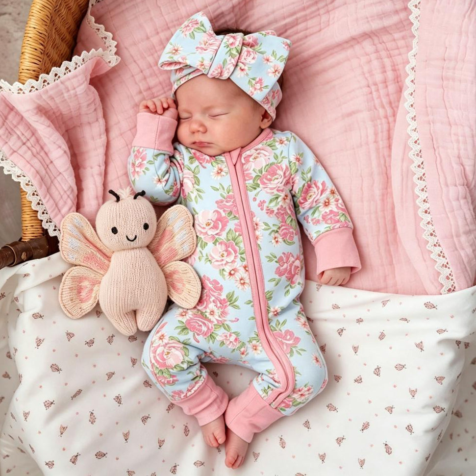 2PCS Delightful Floral Print Long Sleeve Zipper Baby Jumpsuit