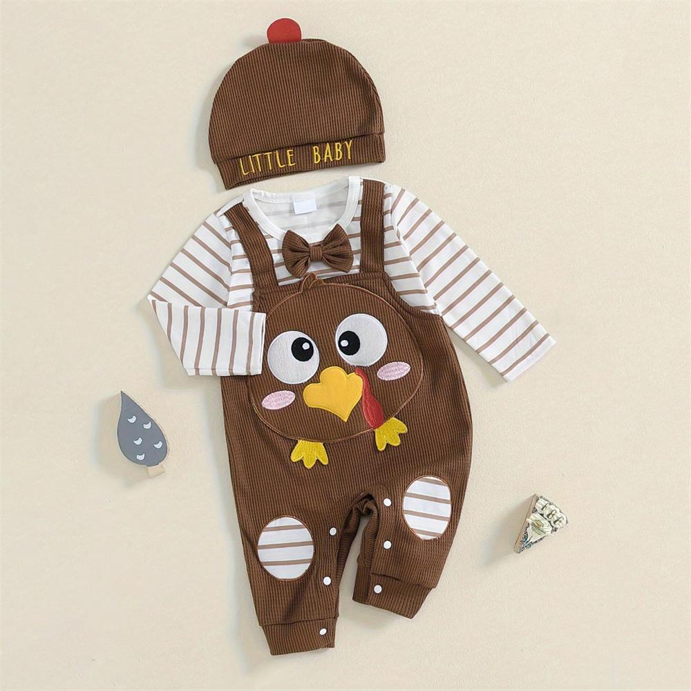 2PCS Cute Turkey Print Striped Long Sleeve Baby Jumpsuit