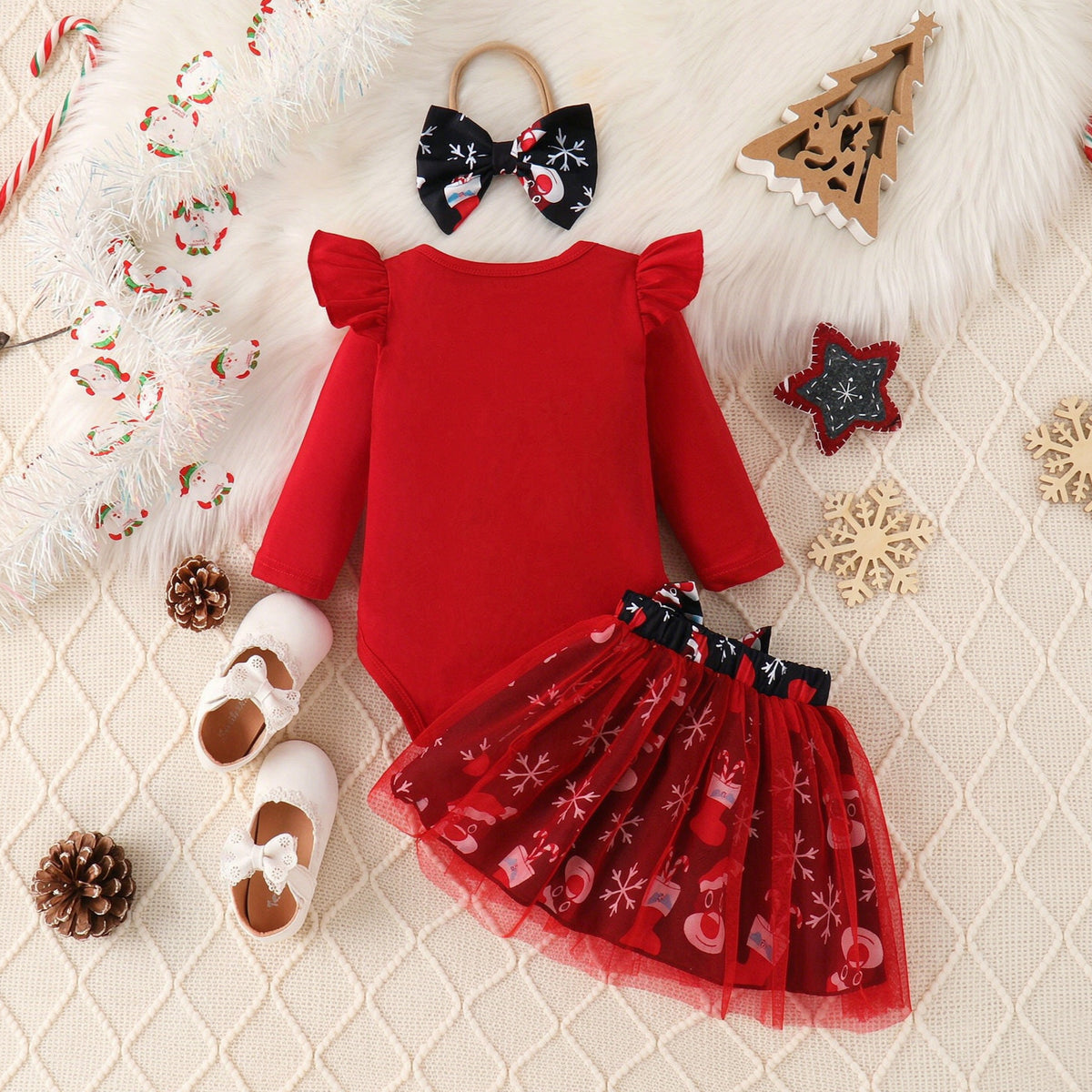3PCS My 1st Christmas Letter Reindeer and Santa Print Baby Tulle Set