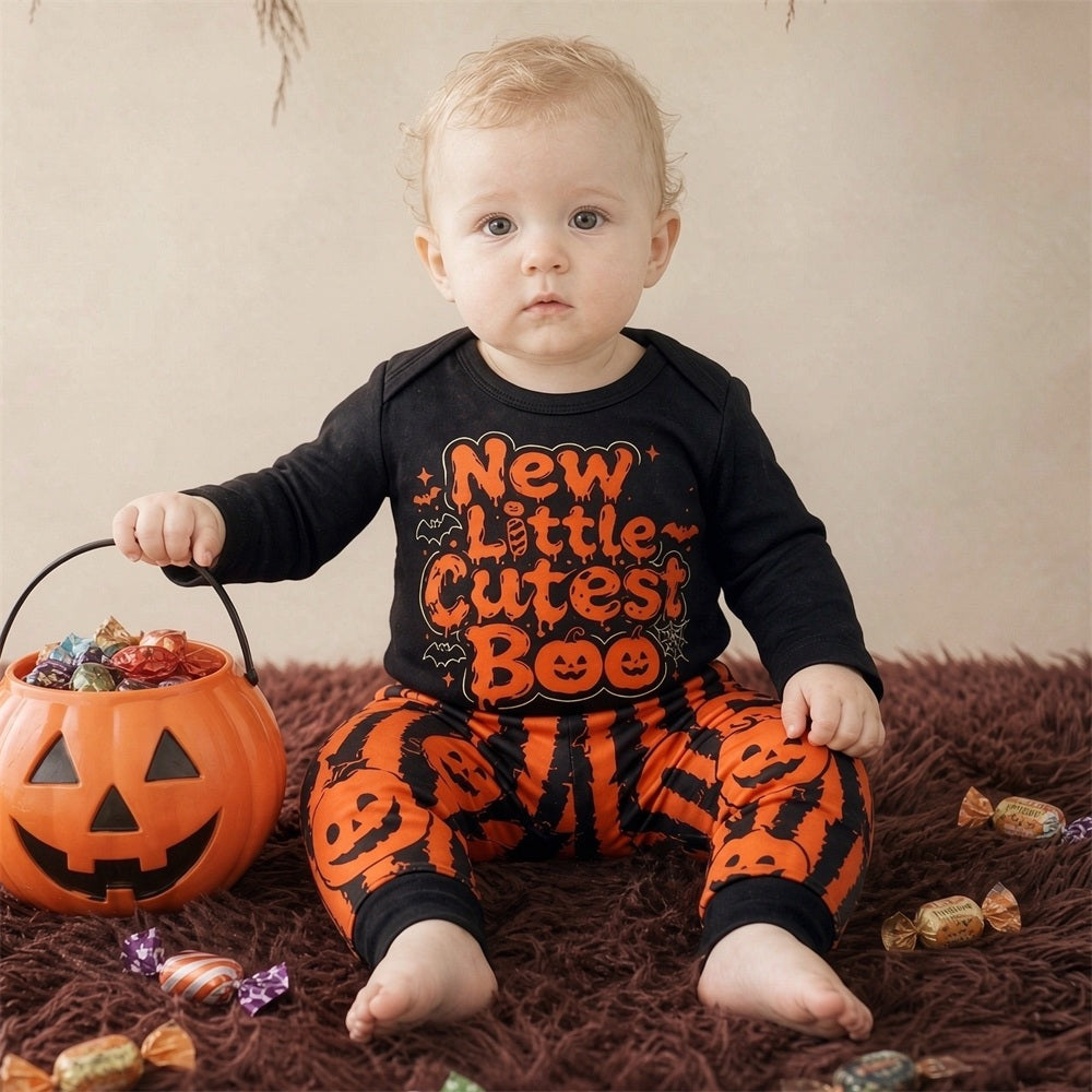 2PCS Halloween New Little Cutest Boo Letter Pumpkin Print Baby Set