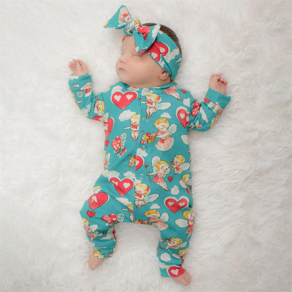 2PCS Angel Love Print Long Sleeve Zipper Baby Jumpsuit