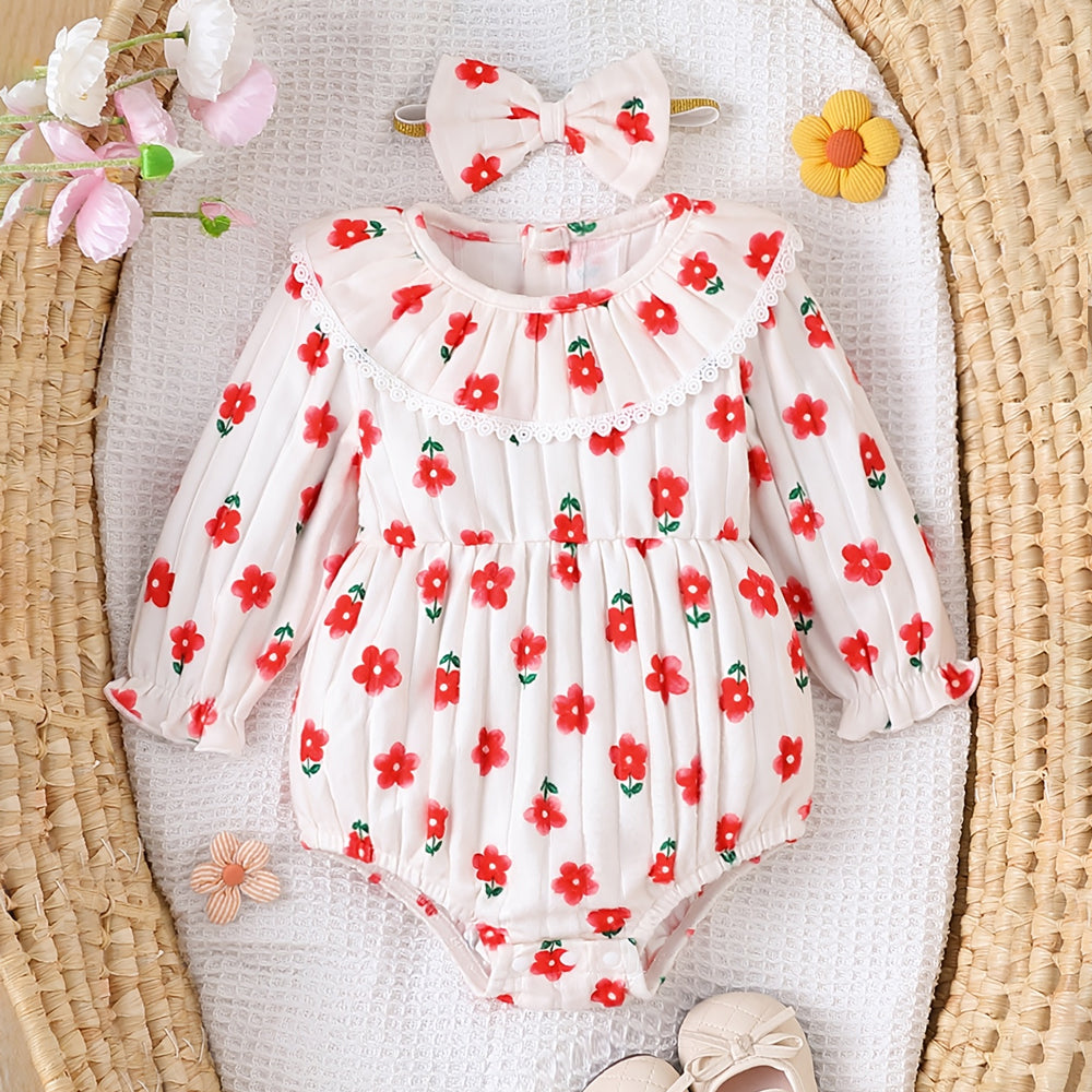 2PCS Cheerful Floral Printed Long Sleeve Baby Romper