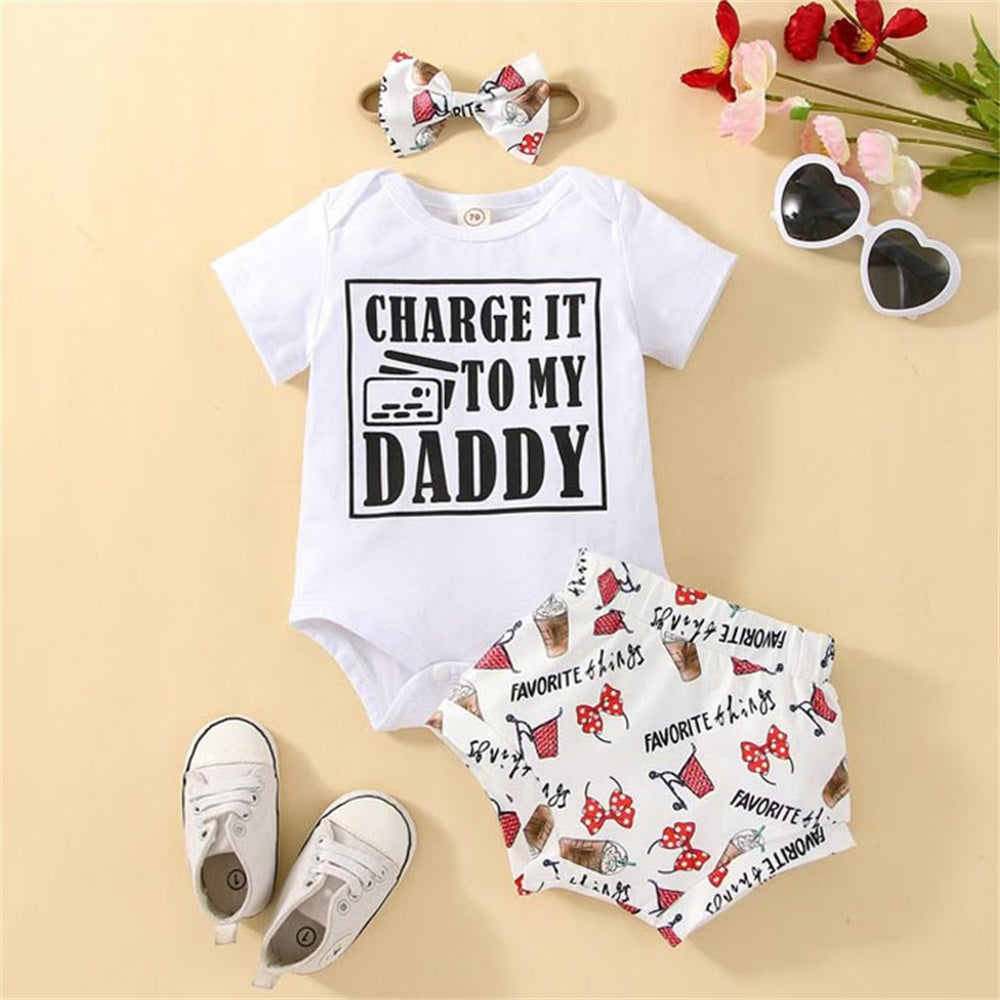 3PCS Charge It To My Daddy Letter Printed Short Sleeve Baby Set