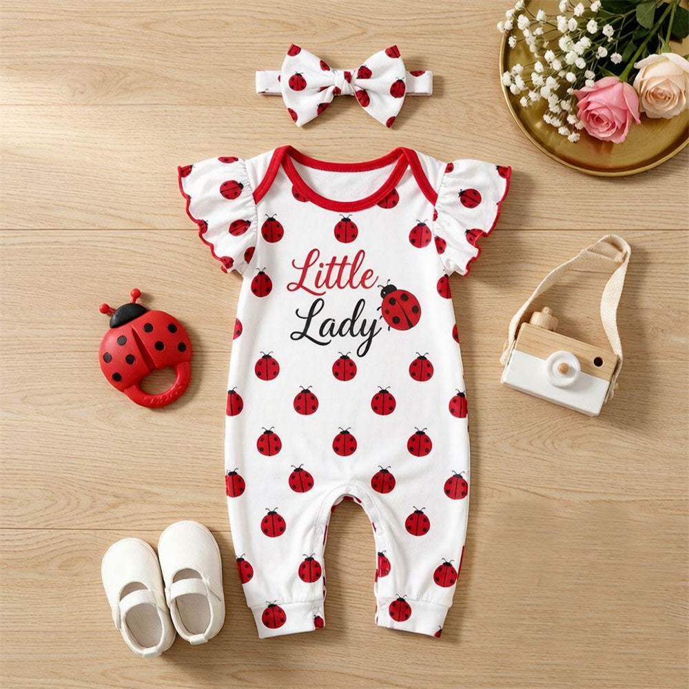 2PCS Little Lady Letter Ladybug Print Flutter Sleeve Baby Jumpsuit