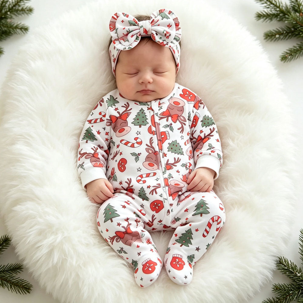 2PCS Christmas Tree Reindeer Print Zipper Long Sleeve Baby Jumpsuit