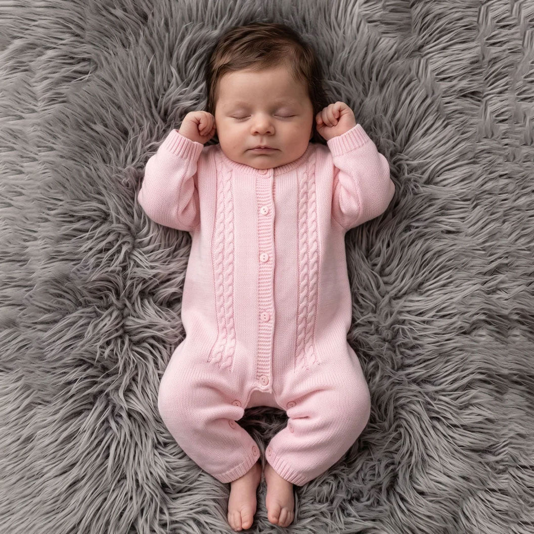 Classic Solid Color Knit Long Sleeve Baby Girl Jumpsuit