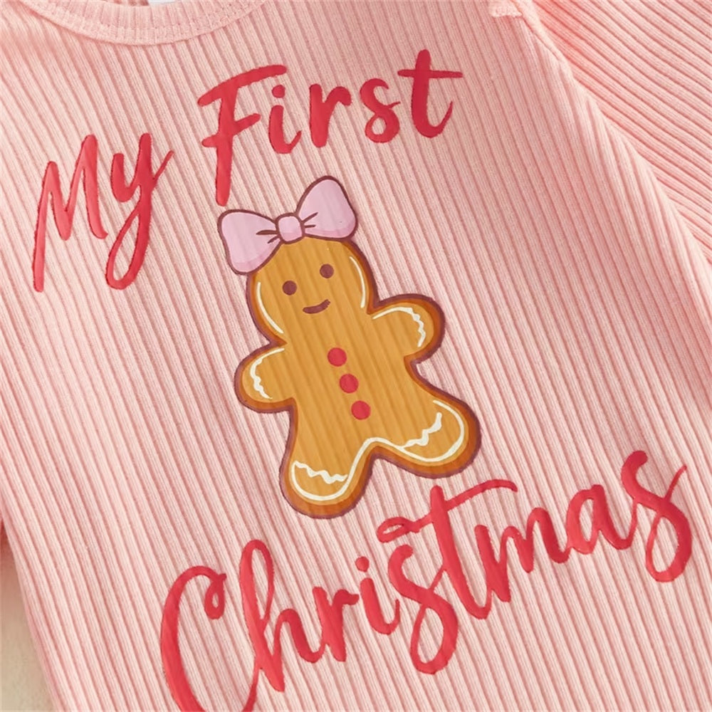 3PCS My First Christmas Letter Gingerbread Print Baby Girl Set