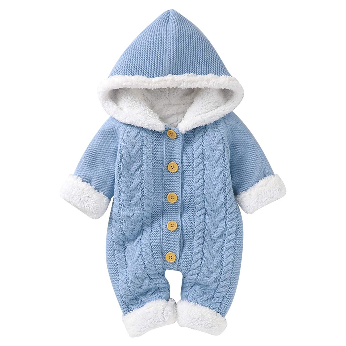 Cozy Solid Color Knitted Plush Hooded Baby Jumpsuit