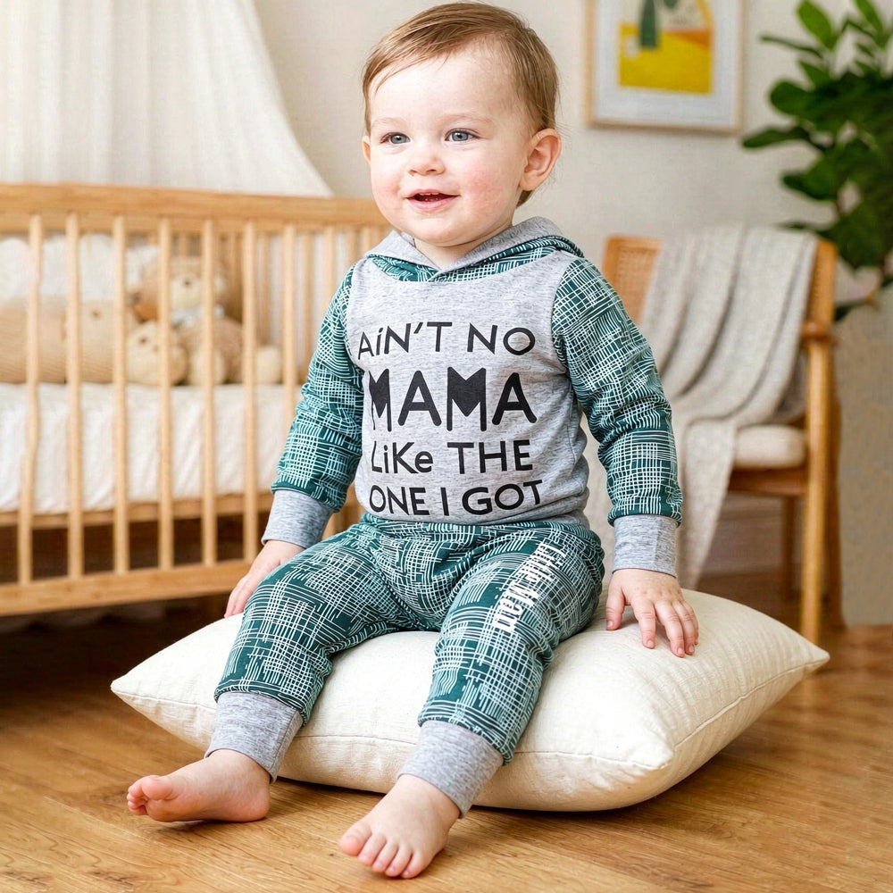 2PCS Ain't No Mama Letter Irregular Line Grid Print Hoodie Baby Set