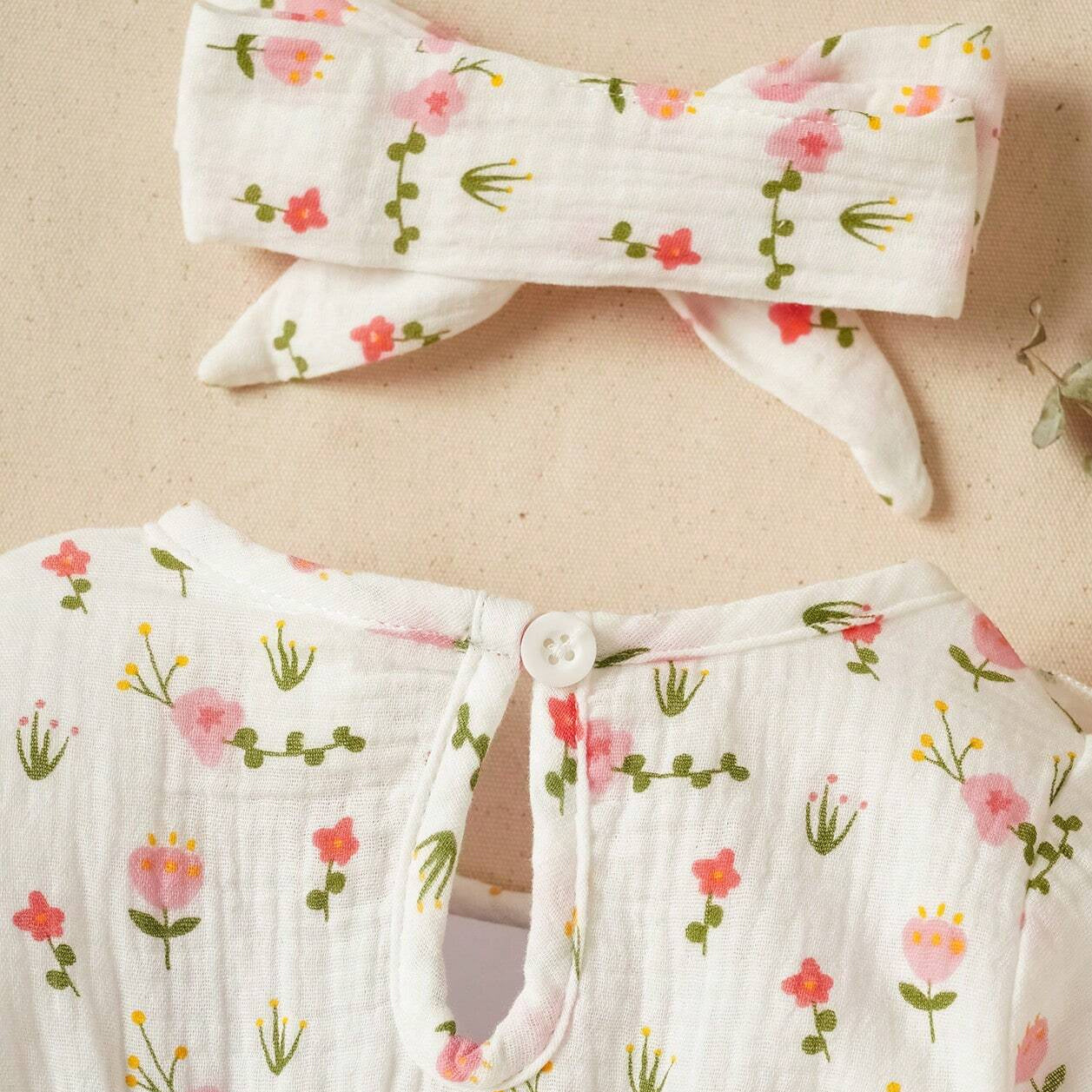 2PCS Casual Floral Printed Ruffled Bow Decoration Baby Jumpsuit