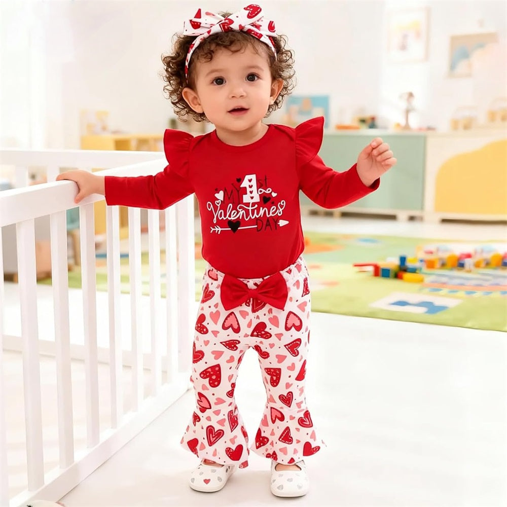 3PCS My 1st Valentine's Day Letter Heart Print Long Sleeve Baby Set