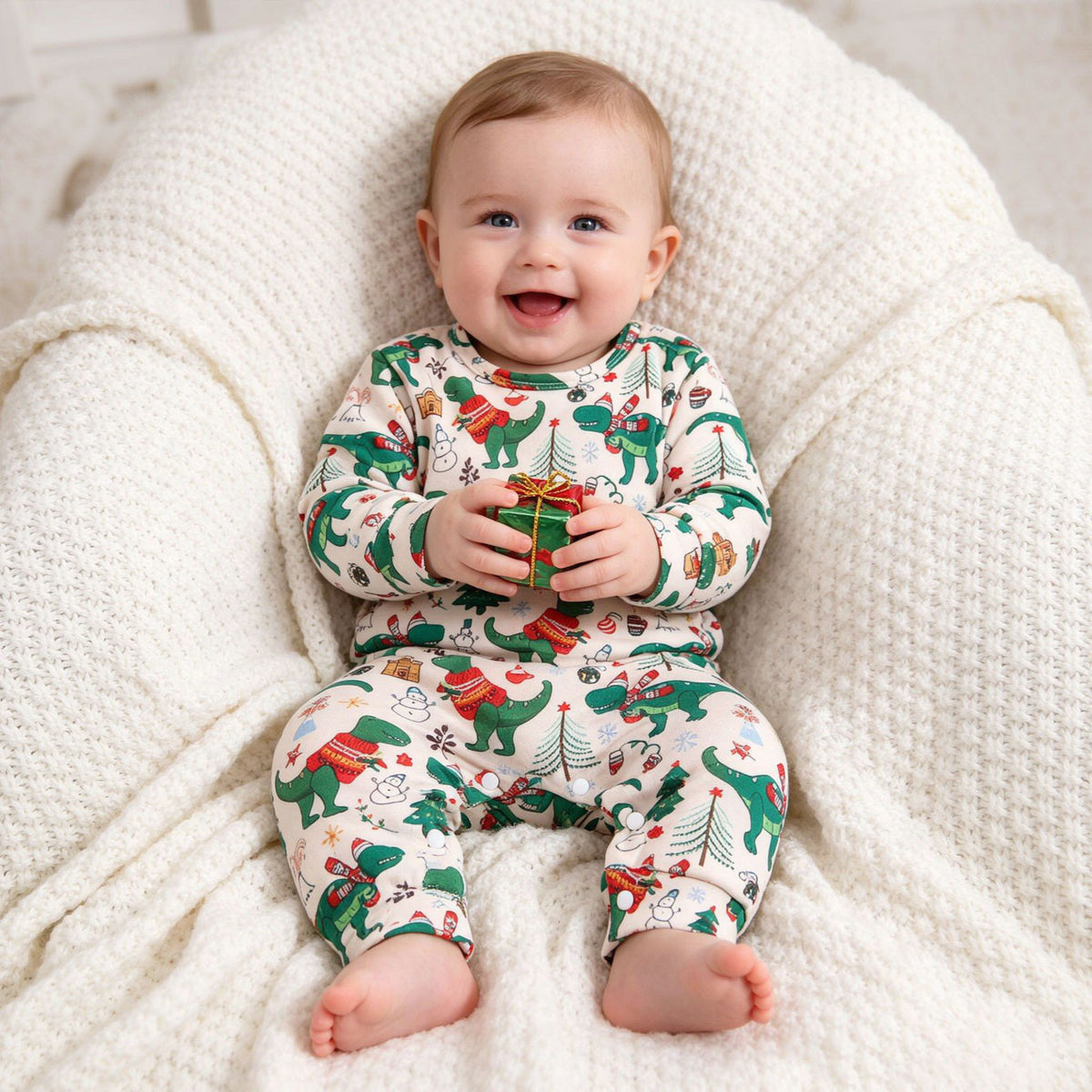 Lovely Christmas Dinosaur Print Long Sleeve Baby Jumpsuit