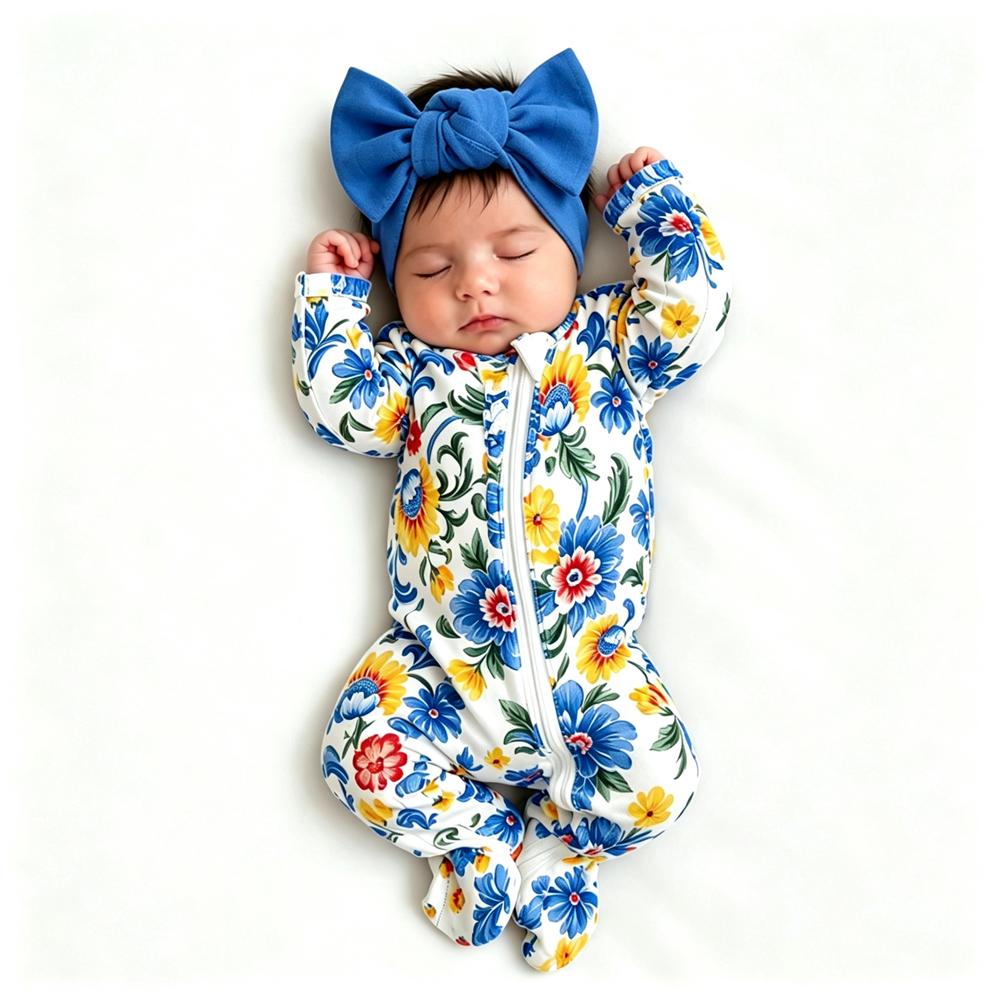 Classy Floral Printed Long Sleeve Zipper Baby Girl Jumpsuit