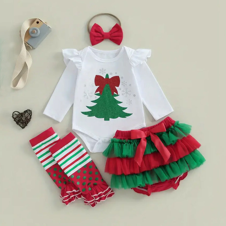 4PCS Christmas Tree Printed Mesh Baby Set