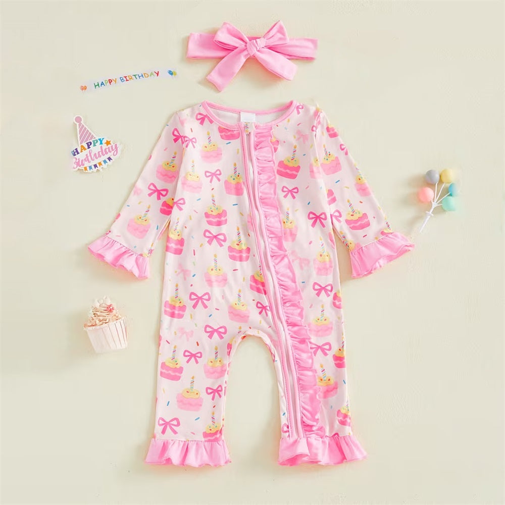 2PCS Sweet Cake and Bow Print Long Sleeve Baby Jumpsuit