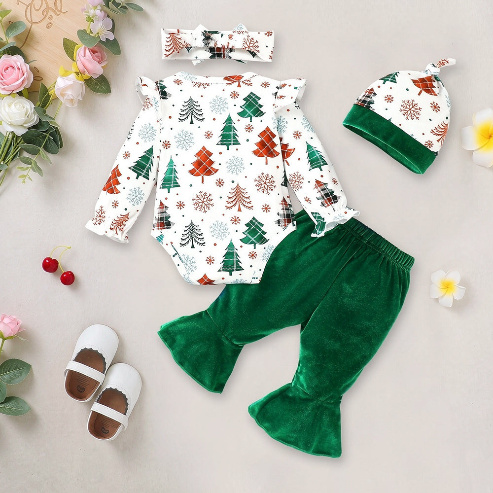 4PCS Christmas Tree Snowflake Print Long Sleeve Baby Girl Velvet Set