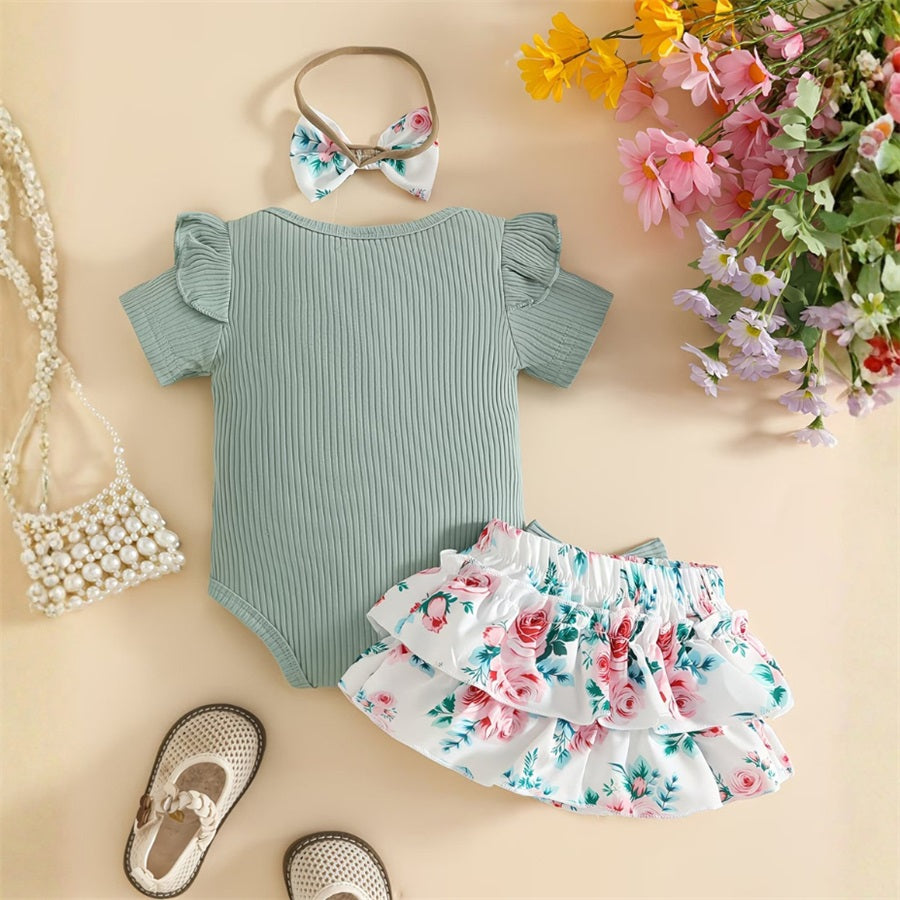 3PCS Daddy's Princess Letter Floral Printed Short Sleeve Baby Set