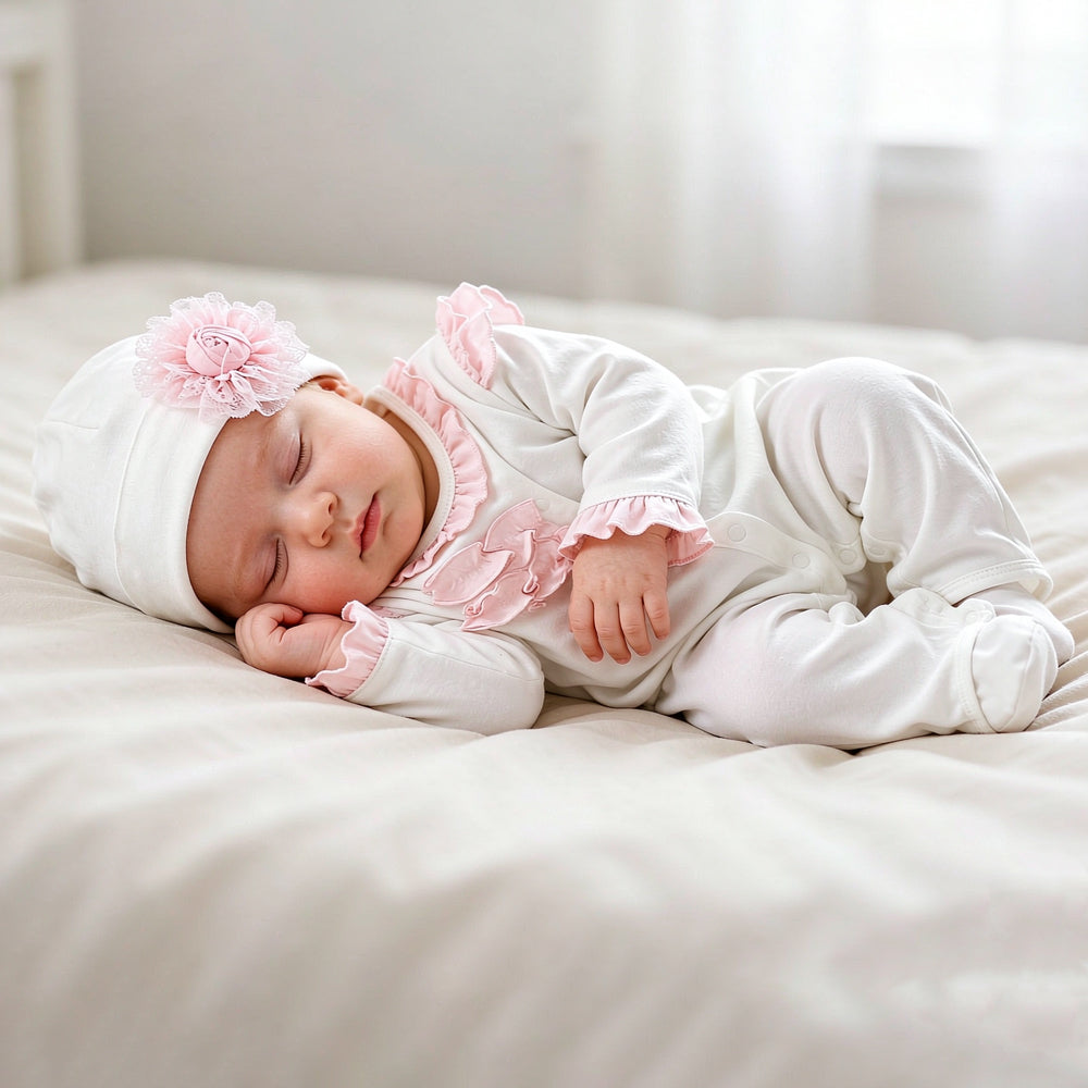 2PCS Lovely Fold Edge Solid Printed Long-sleeve Baby Jumpsuit With Hat