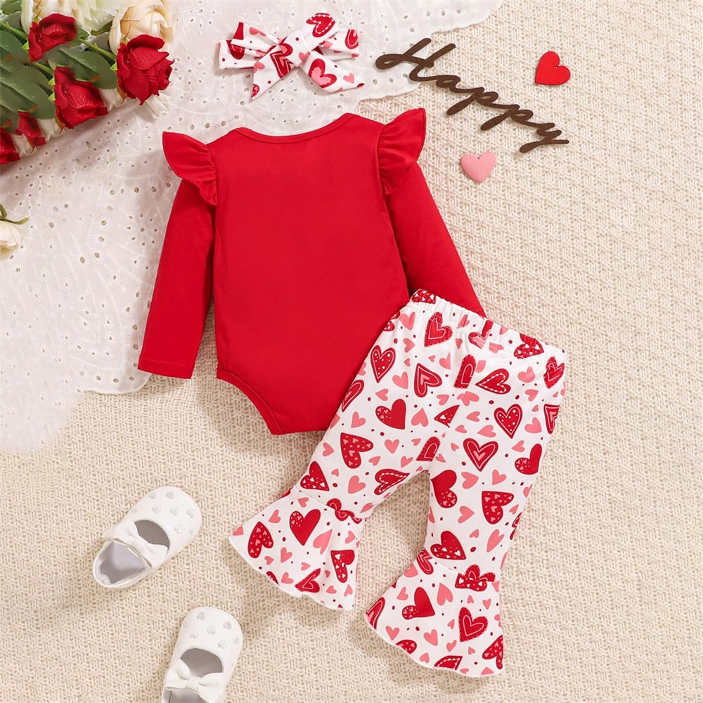 3PCS My 1st Valentine's Day Letter Heart Print Long Sleeve Baby Set