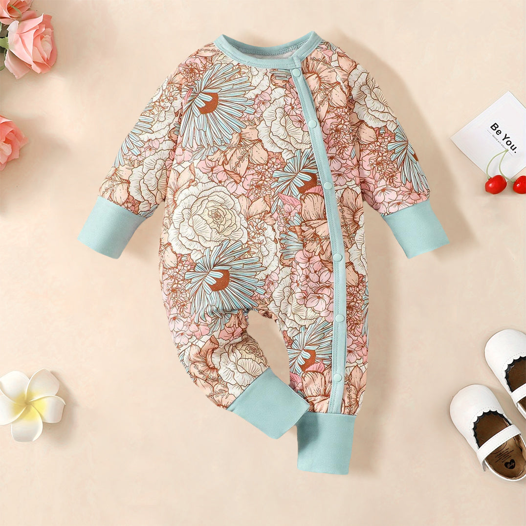 Simple Fashionable Floral All Over Printed Long Sleeve Baby Jumpsuit