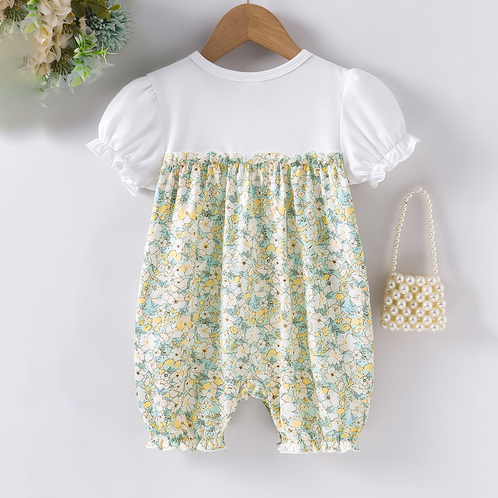 Fresh Floral Printed Short Sleeve Baby Jumpsuit