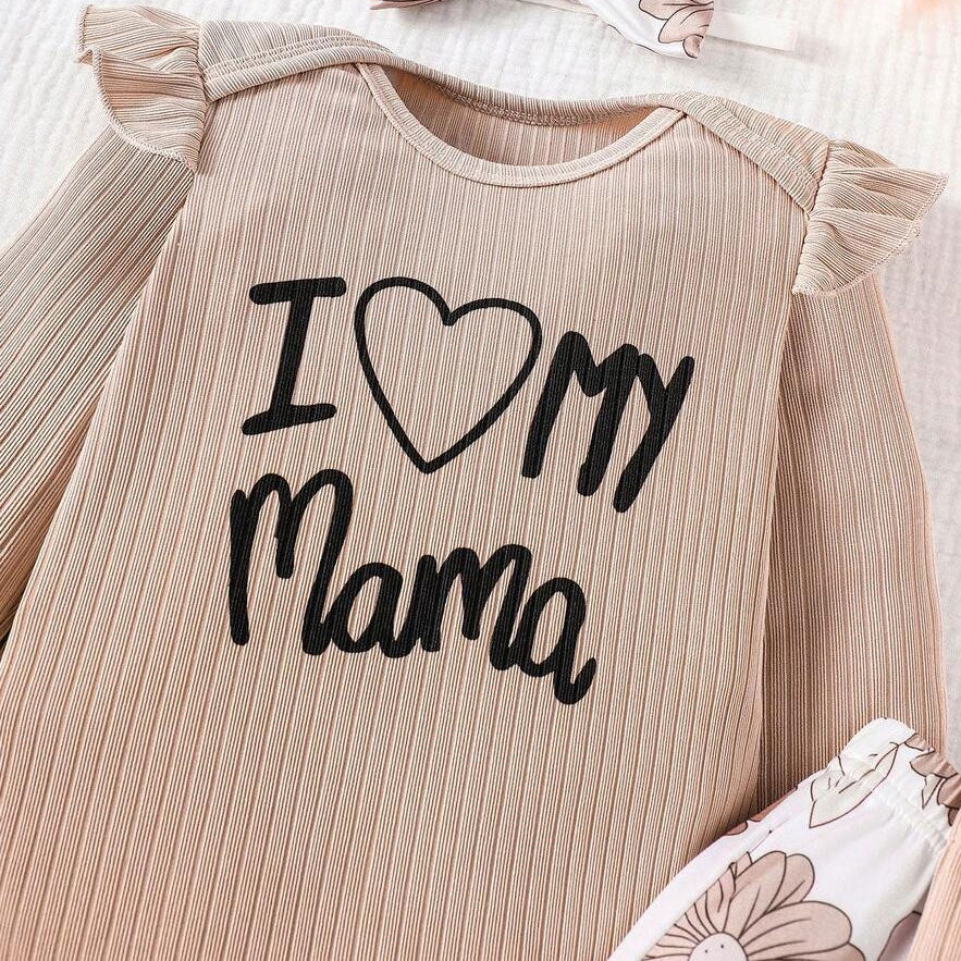 3PCS Refined I Love Mama Letter Floral Printed Long Sleeve Baby Set