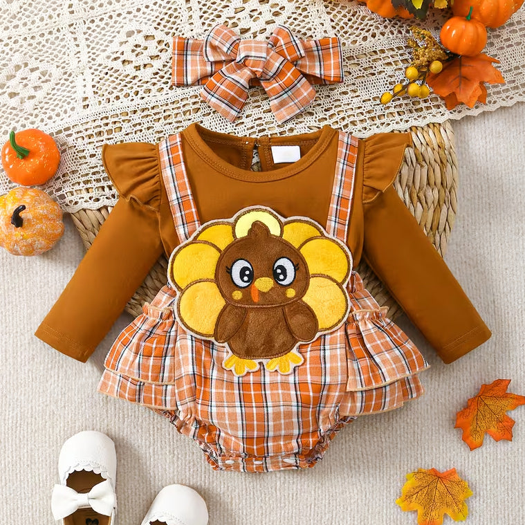 2PCS Thanksgiving Turkey Applique Plaid Printed Long Sleeve Baby Romper