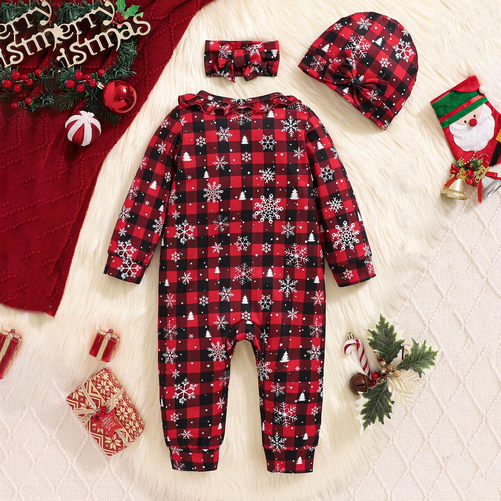 3PCS Merry Christmas Snowflake Lattice Printed Baby Jumpsuit