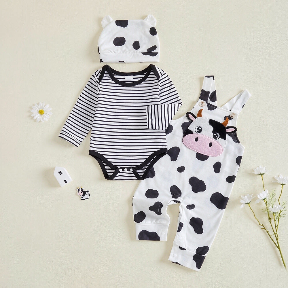 3PCS Cute Cow Applique Stripe Print Long Sleeve Overalls Baby Set