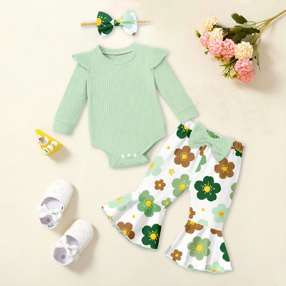 3PCS Classic Floral Print Bowknot Decor Long Sleeve Baby Set