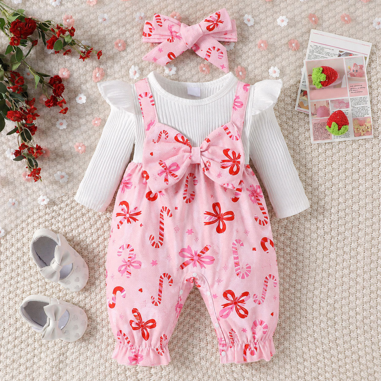 2PCS Pretty Christmas Candy Cane Printed Long Sleeve Baby Jumpsuit