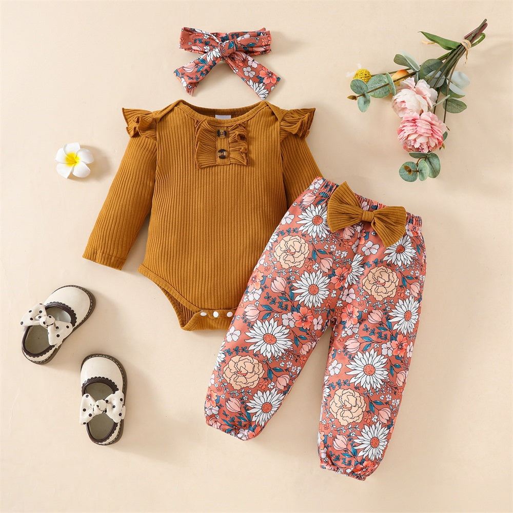 3PCS Trend Floral Print Long Sleeve Baby Set
