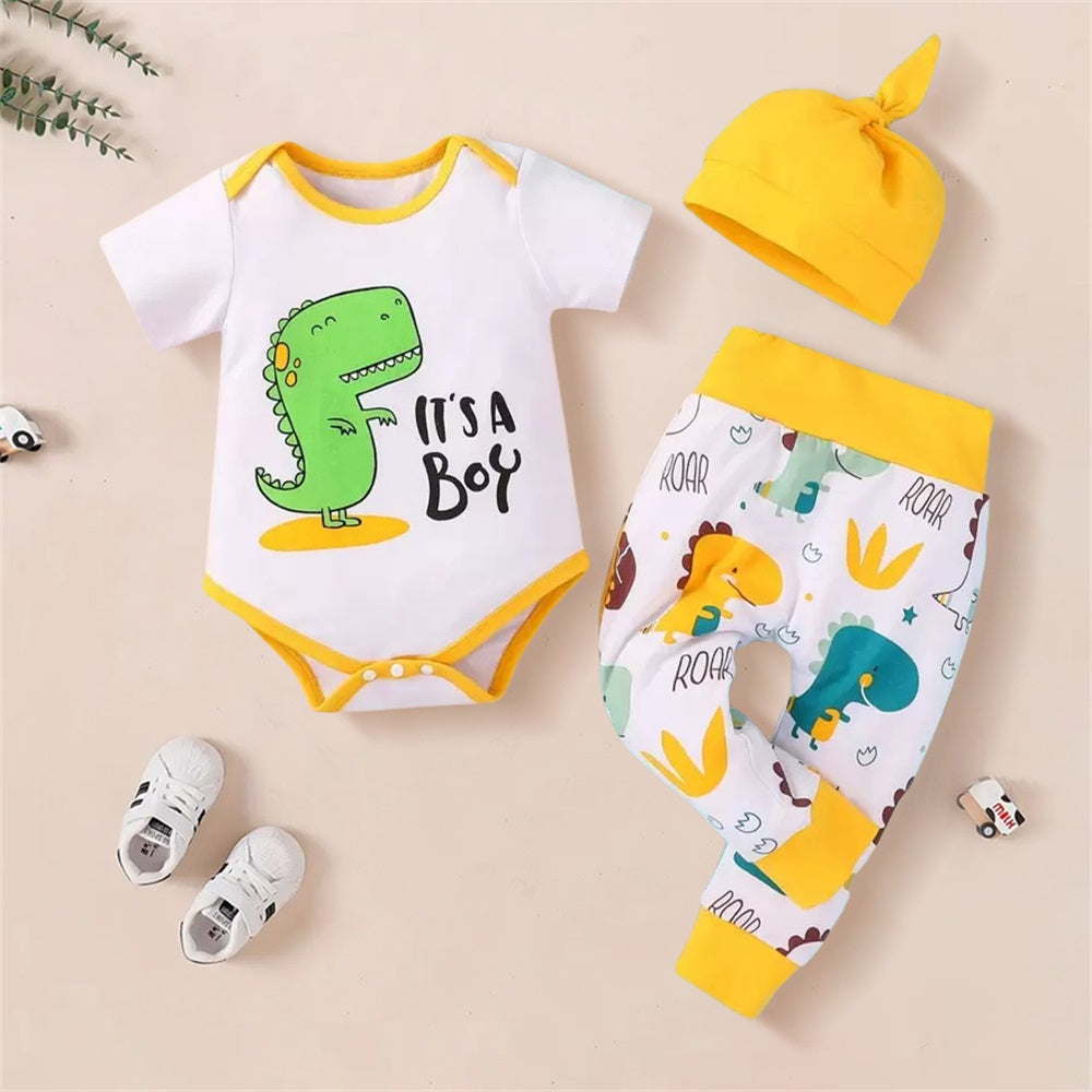3PCS Cute Cartoon Dinosaur Printed Short Sleeve Baby Set