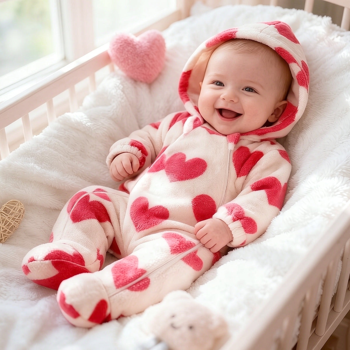 Cute Baby Girl Heart Print Fleece Hooded Zipper Jumpsuit
