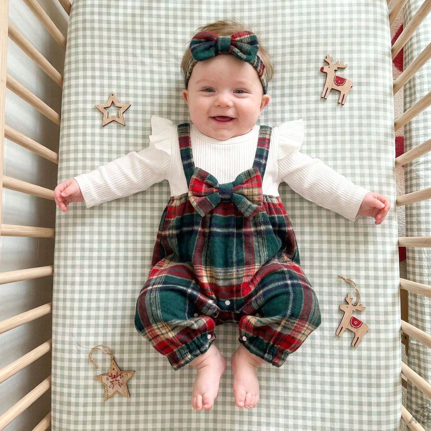 2PCS Chic Color Block Plaid Printed Long Sleeve Baby Girl Jumpsuit