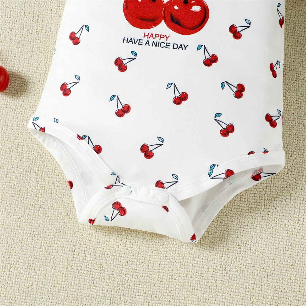 2PCS Summer Cute Cherry Printed Short Sleeve Baby Denim Set