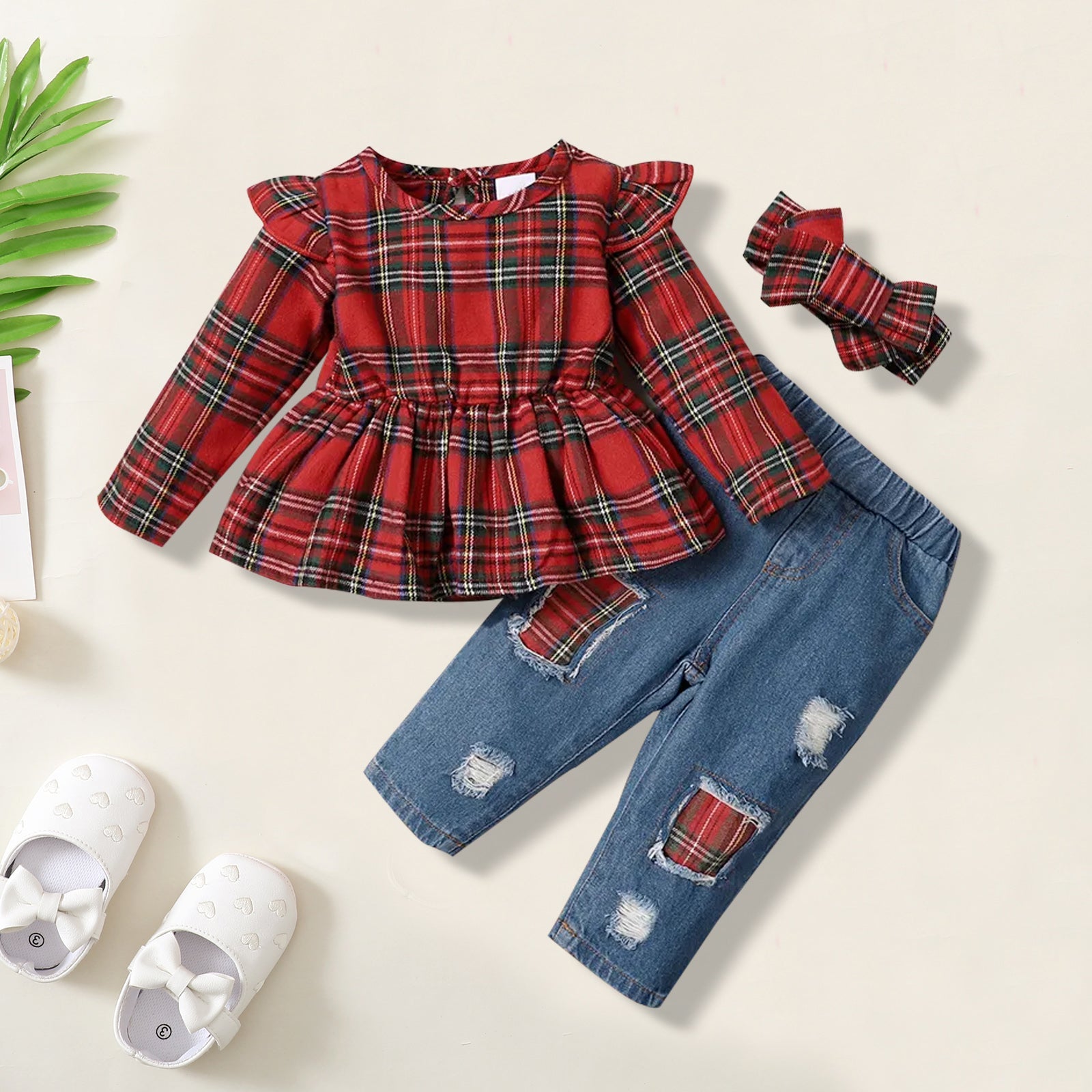 3PCS Plaid Printed Baby Denim Set