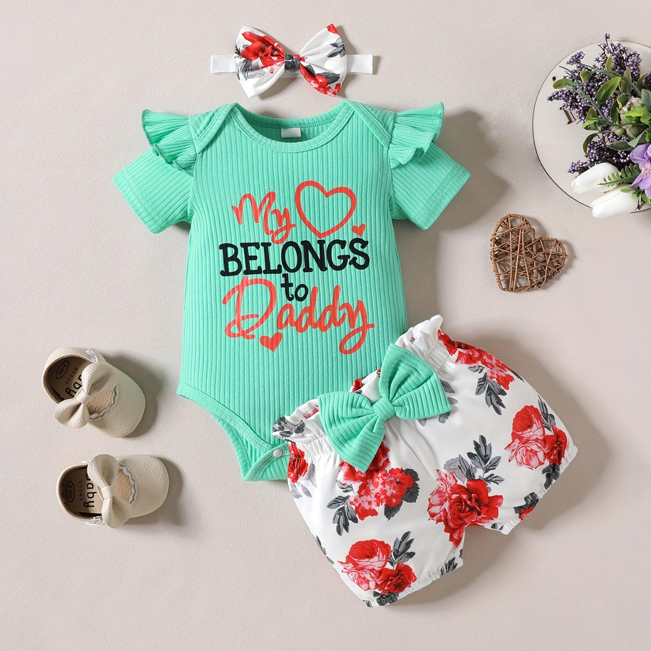 3PCS My Belongs To Daddy Letter Floral Printed Baby Set