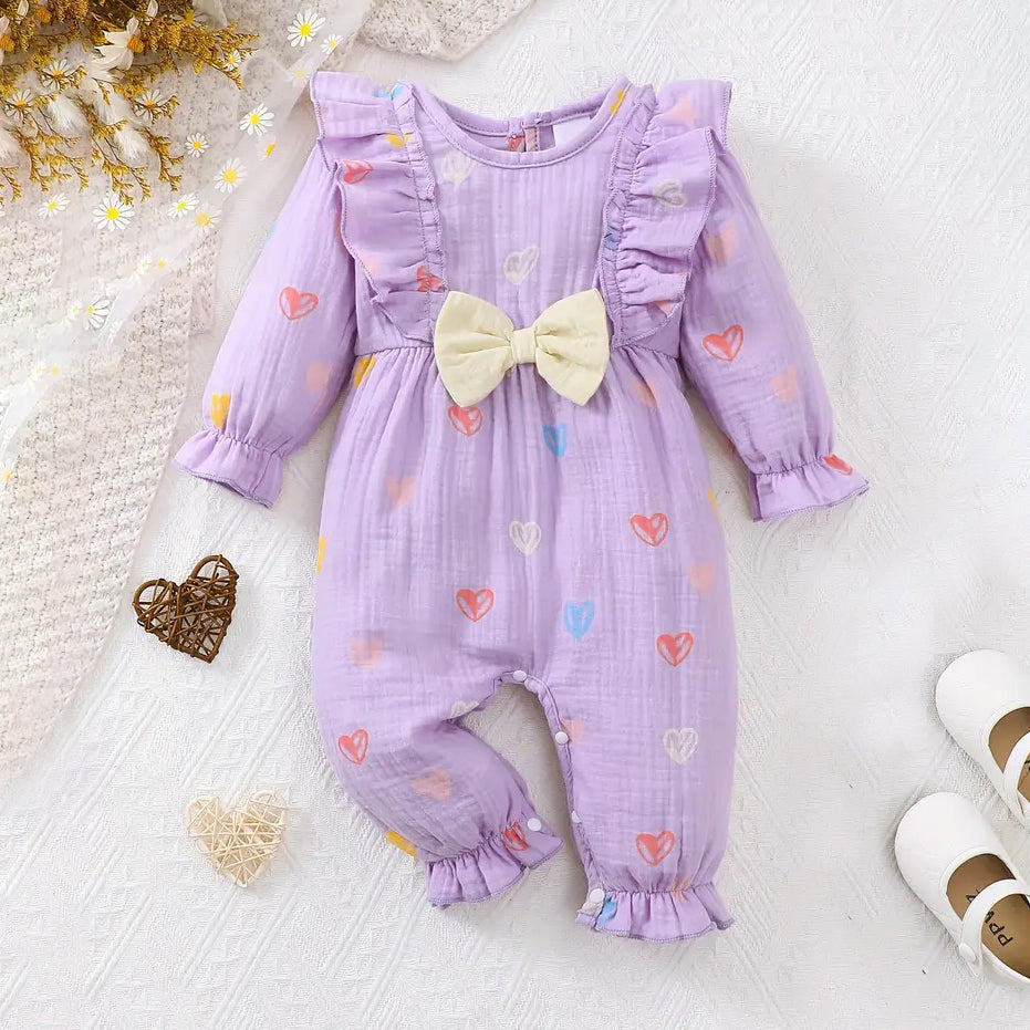 Elegant Heart Printed Bow Long Sleeve Baby Jumpsuit