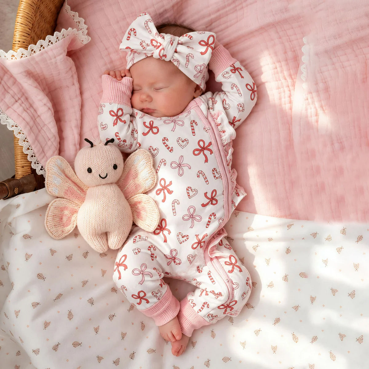 2PCS Lovely Christmas Bow Candy Cane Printed Zipper Baby Jumpsuit
