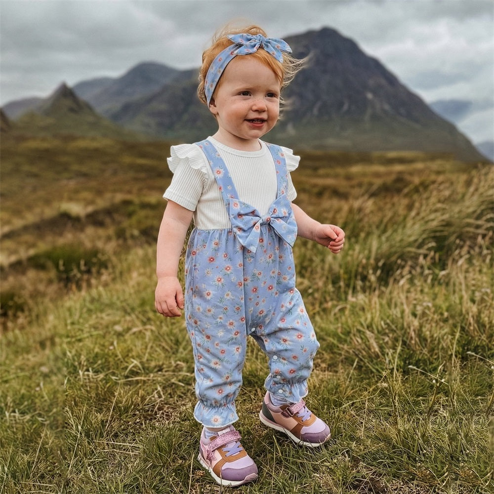 2PCS Adorable Floral Printed Bow Short Sleeve Baby Jumpsuit