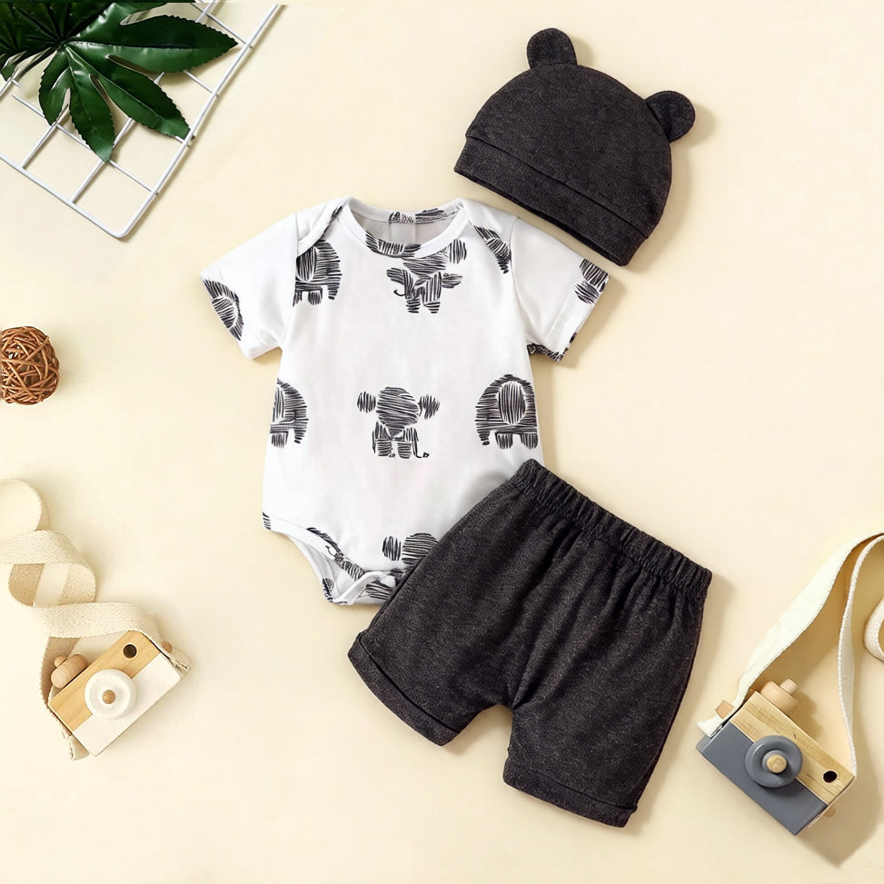3PCS Casual Elephant Print Short Sleeve Baby Boy Set
