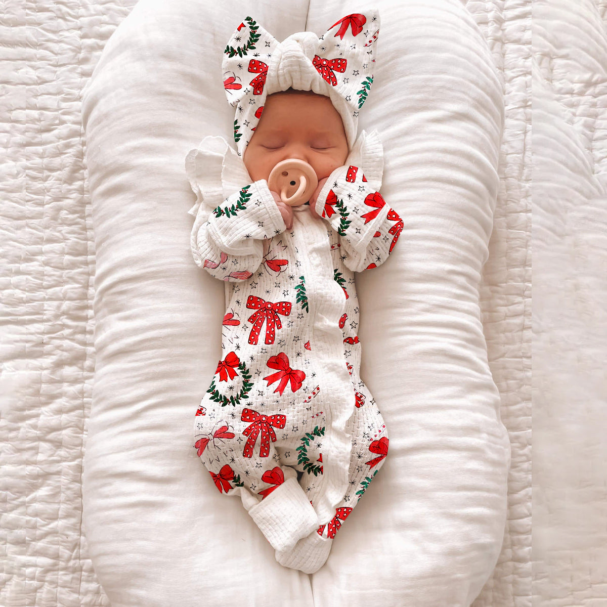 2PCS Pretty Christmas Bowknot Printed Zipper Long Sleeve Baby Jumpsuit