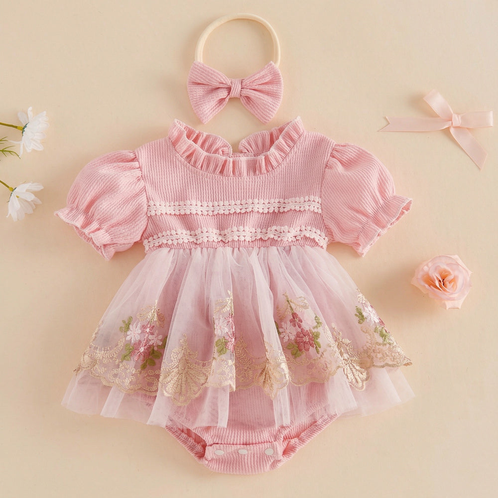 2PCS Gorgeous Floral Embroidery Short Sleeve Mesh Baby Girl Romper