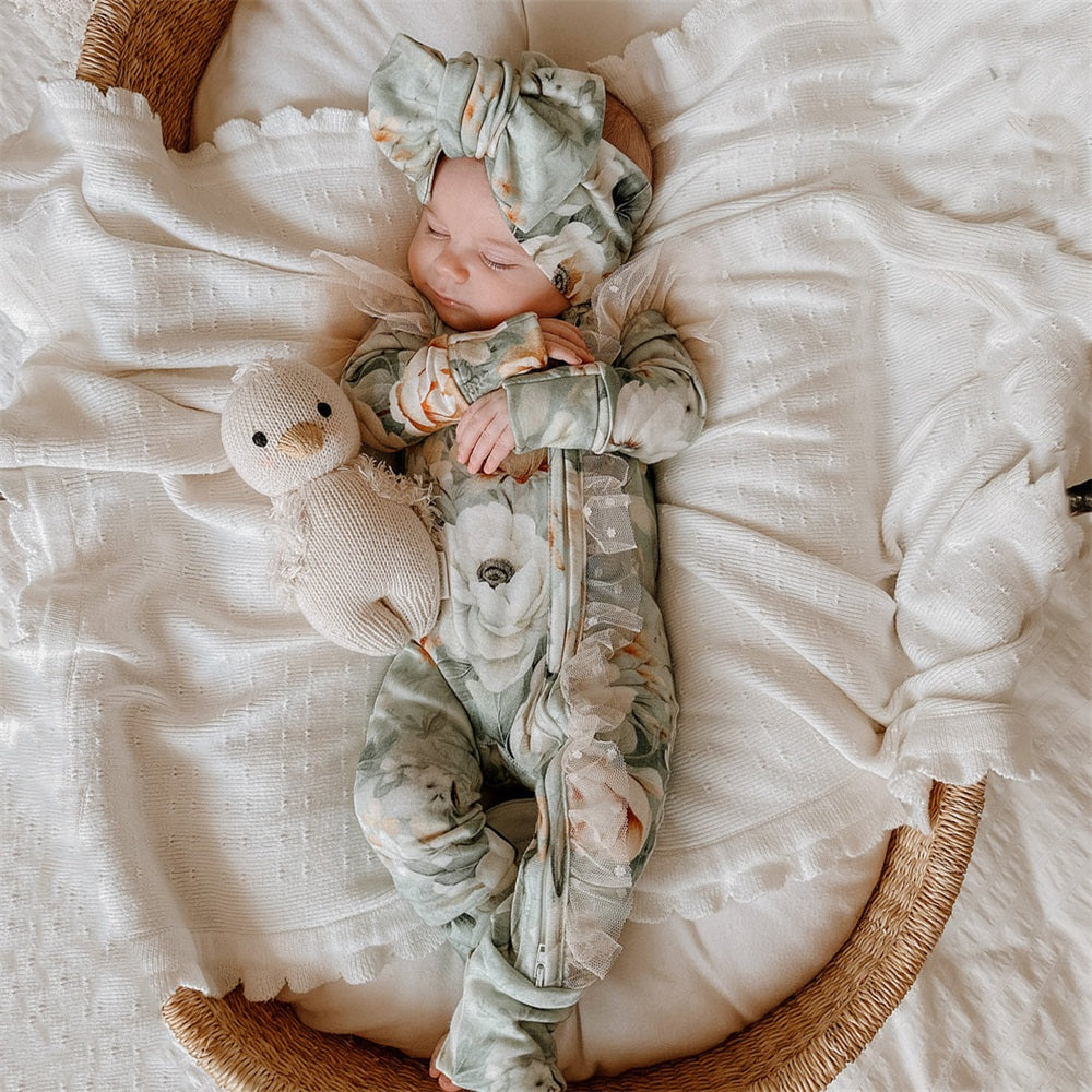 2PCS Floral Print Lace Trim Long Sleeve Baby Jumpsuit